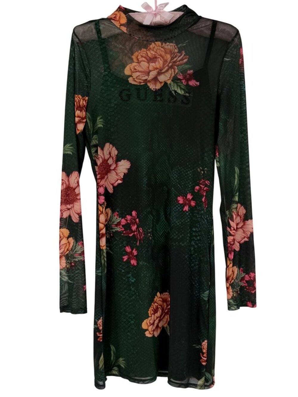 Guess Green Floral Mesh Rhinestone Bodycon Mini Dress | Sirencore Whimsigoth Y2K - Picture 16 of 16